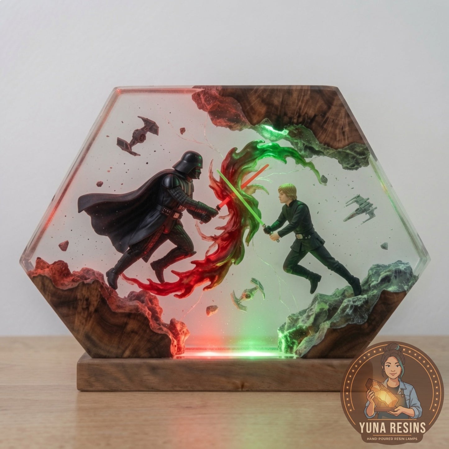 Father & Son resin lamp, lit