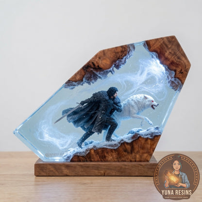 Winter's Charge resin lamp, lit