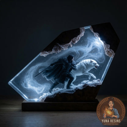 Winter's Charge resin lamp glowing in the dark