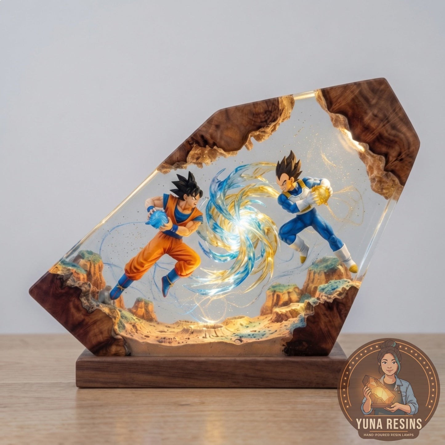 Prince & Peasant resin lamp, lit