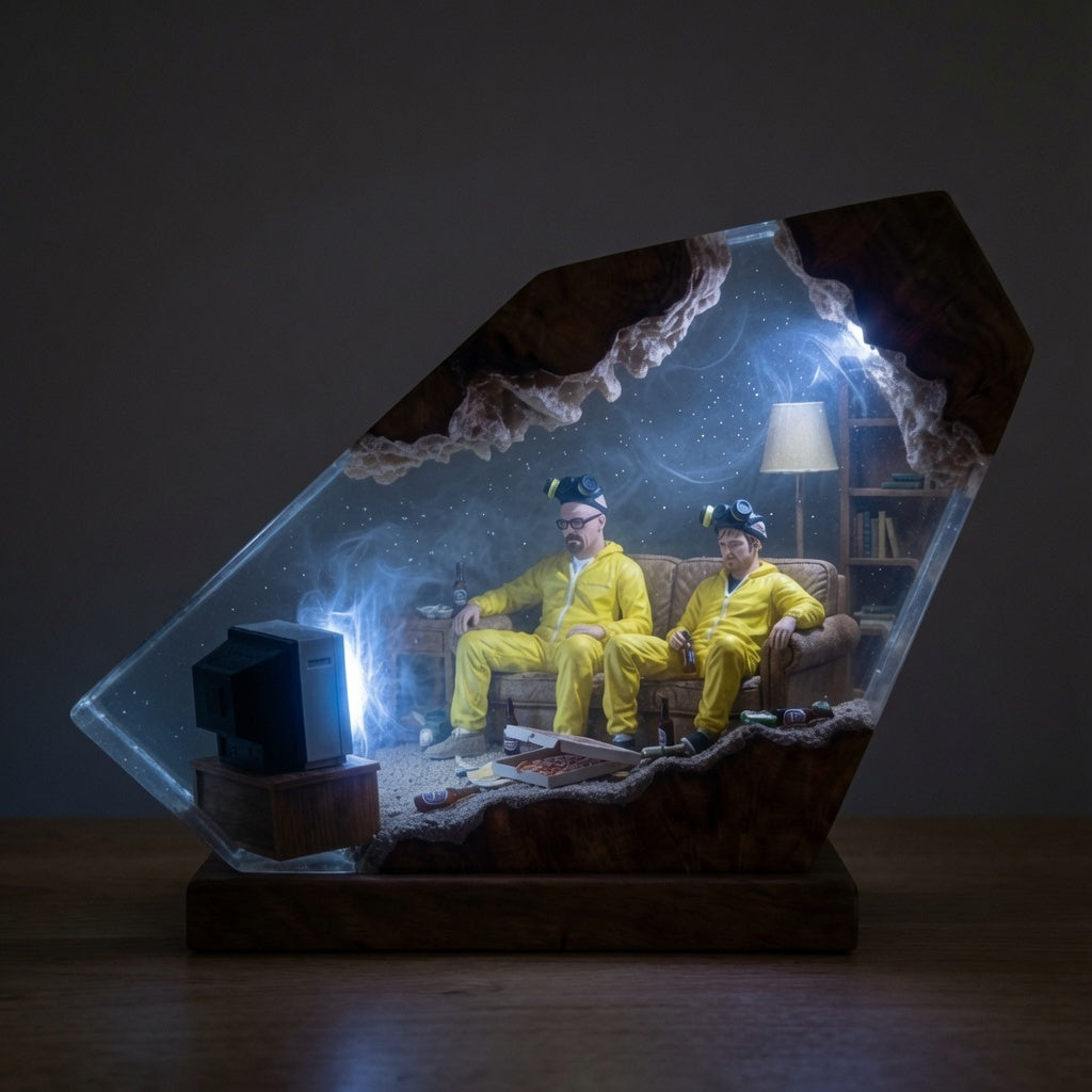 Movie Night resin lamp glowing in a dark room