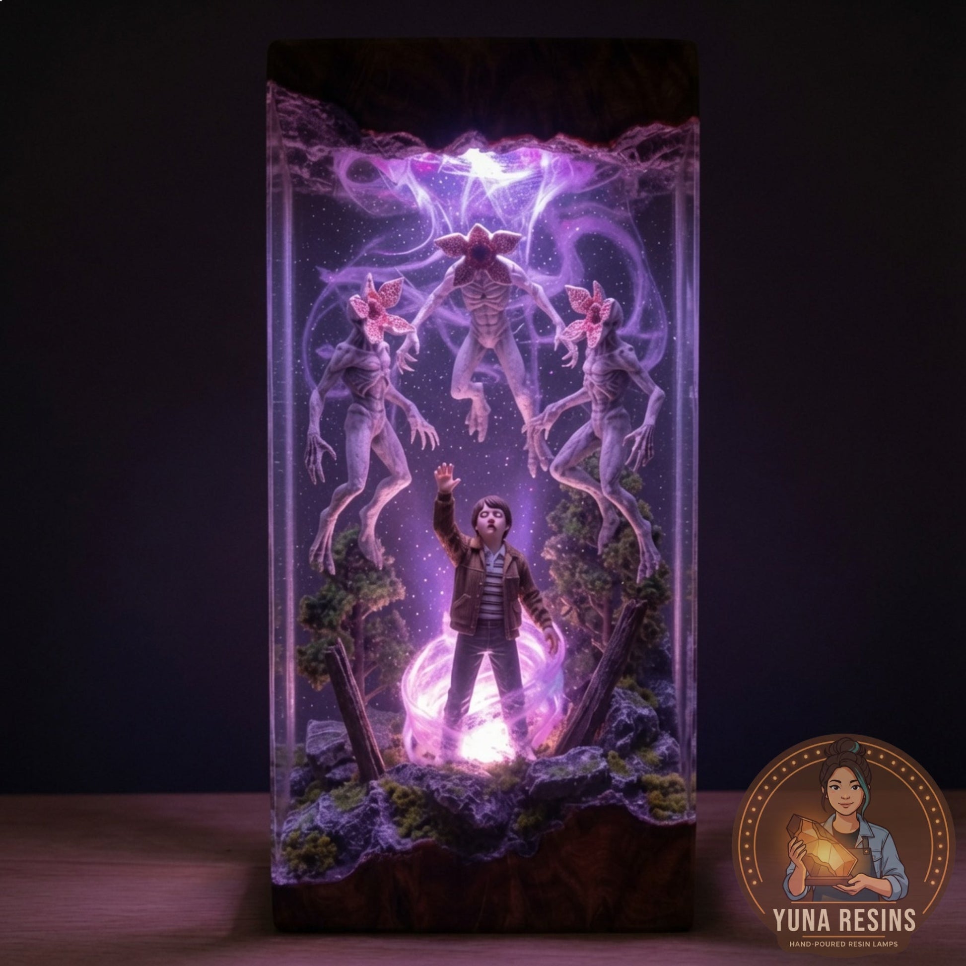 Hive Mind resin lamp glowing in the dark