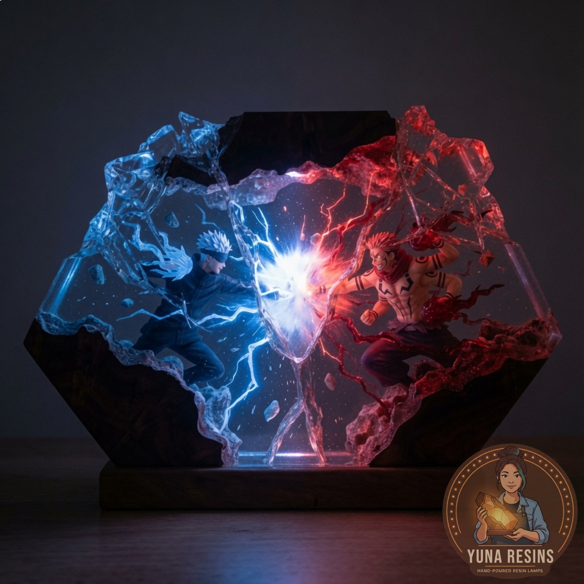Split Second resin lamp glowing in the dark