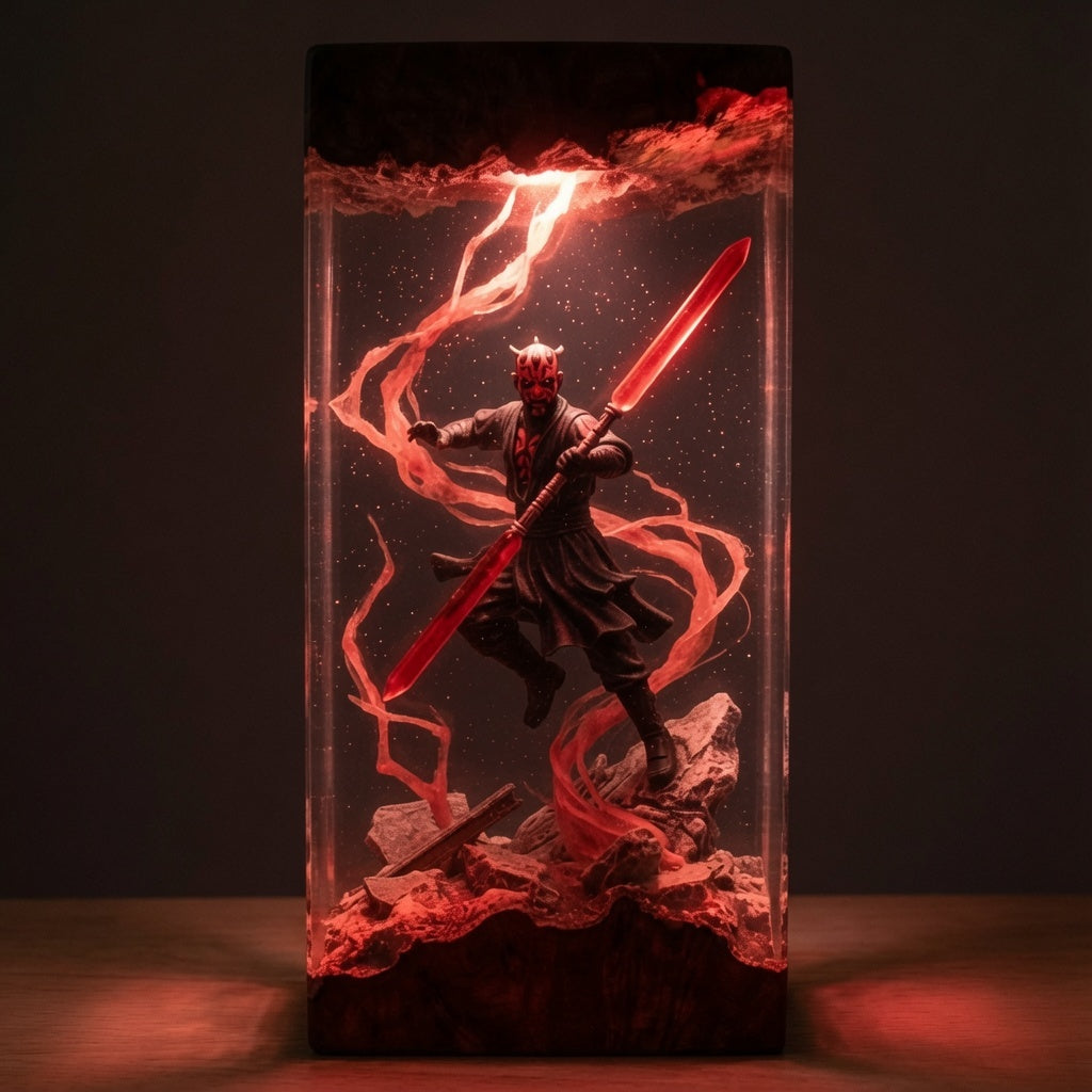Second Blade resin lamp glowing in a dark room