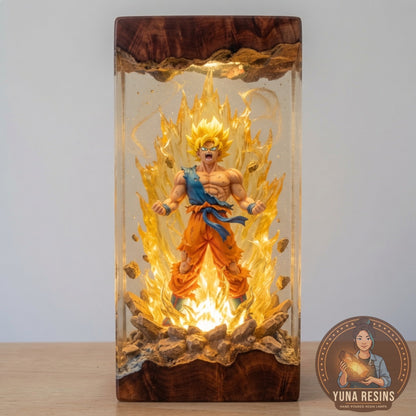 Grief & Gold resin lamp glowing in the dark