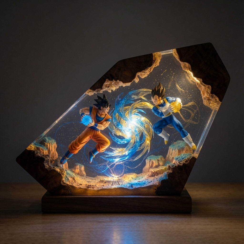 Prince and Peasant resin lamp glowing in a dark room