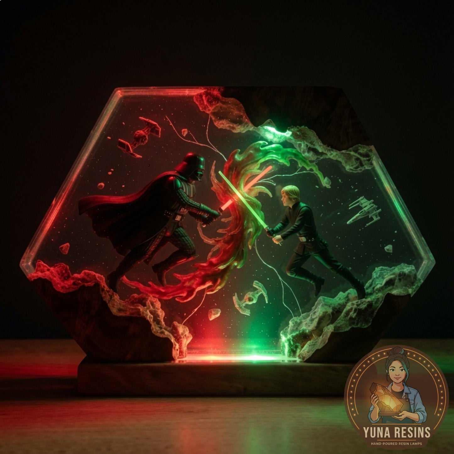 Father & Son resin lamp glowing in the dark