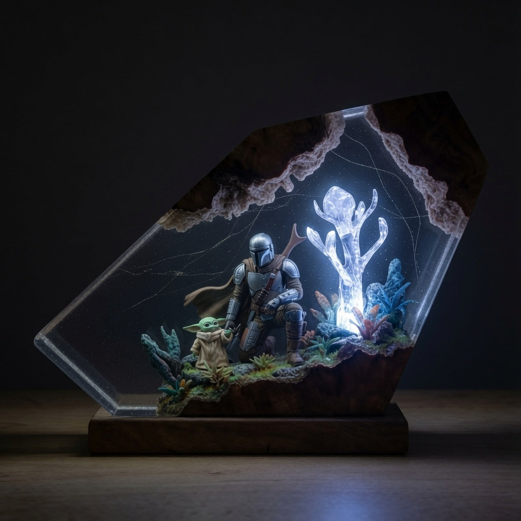 Two of Us resin lamp glowing in a dark room