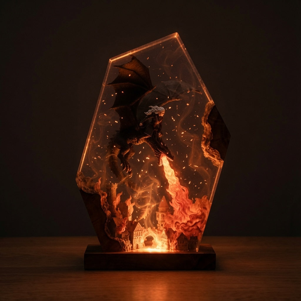 Ash and Ember resin lamp glowing in a dark room