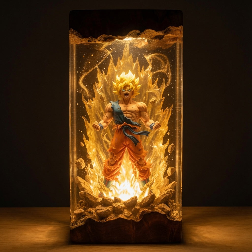 Grief and Gold resin lamp glowing in a dark room