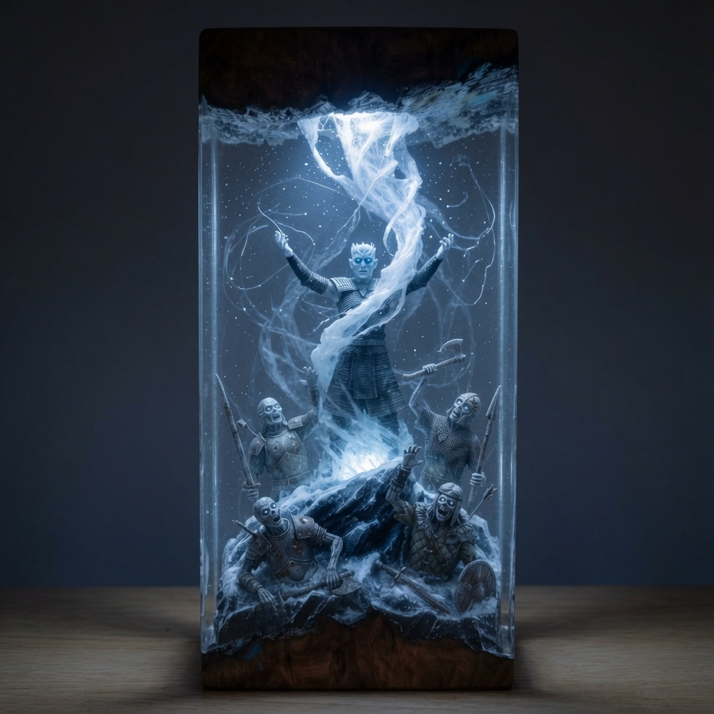 The Dead Rise resin lamp glowing in a dark room