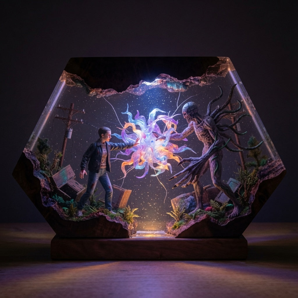 Empty Street resin lamp glowing in a dark room