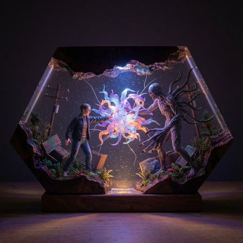Empty Street resin lamp glowing in a dark room