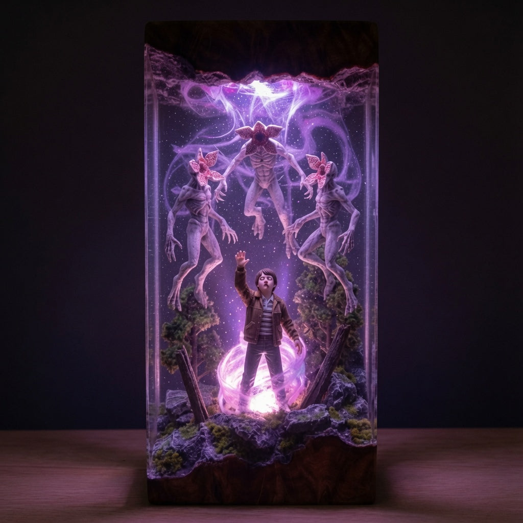 Hive Mind resin lamp glowing in a dark room