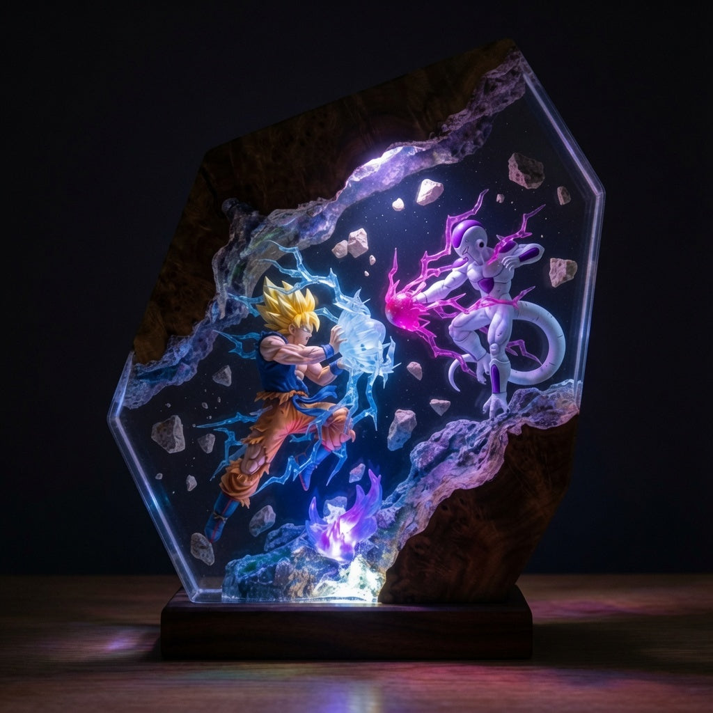 Five Minutes resin lamp glowing in a dark room