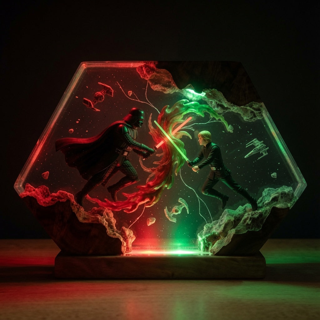 Father and Son resin lamp glowing in a dark room